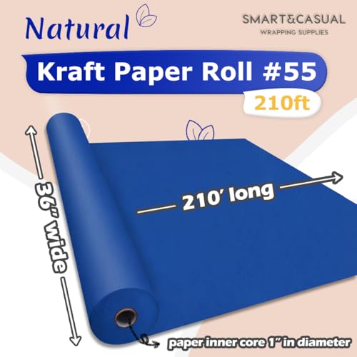 Image of SMART&CASUAL 36 inch x 2,520 inch (210') Blue Kraft Craft Paper Roll for Gift Wrapping Bulletin Board Bouquet Flower Art Packing Parcel Table Covering 80GSM 55LB (Blue, 36 inch x 210')