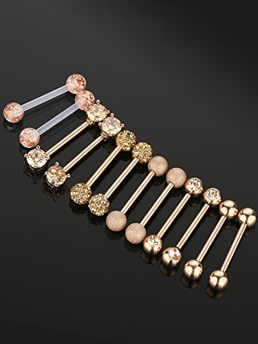 6 Pairs Nipple Tongue Ring Stainless Steel Barbell Rings Cubic Zirconia Nipplerings Body Piercing Jewelry, 14 Gauge (Rose Gold) #TOP6