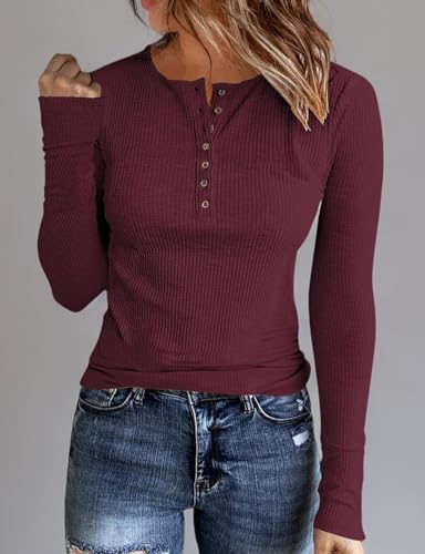 Image of Kancystore Women's Fall Long Sleeve Tops Lace V Neck Button Down Henley Shirts Tunic Blouses