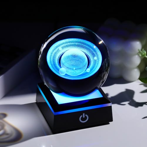 Image of Arikyrist 3D Saturn Crystal Ball Figurine with LED Base, Laser Engraved Glass Planet Model Sphere Gifts for Home Office Decor, Saturn Planet Model Space Universe Gifts for Astronomy Lovers (80mm)