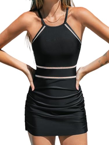 CUPSHE Women's One Piece Swim Dress Mock Neck Bathing Suit Color Block Sporty Crisscross Straps Swimsuit
