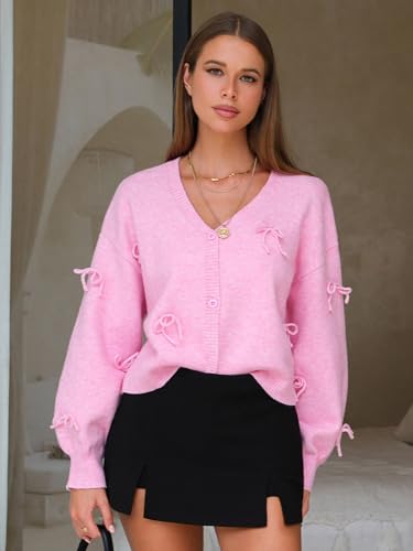 EXLURA Womens Fall Fashion Bow Cardigan Sweaters Long Sleeve Chunky Knit Open Front Button Outwear Trendy Winter Coats 20254