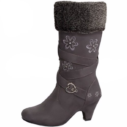 Lucky Top Girls Auto-6E Low Heel Dress Boots With Embroidered Flowers Accent And Fur Trim