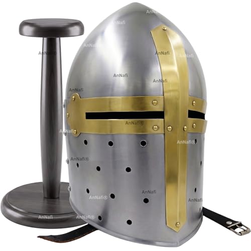 Image of AnNafi Medieval Knight Sugarloaf Armor Helmet with Free Wooden Stand Reenactment Helmet | Cosplay SCA