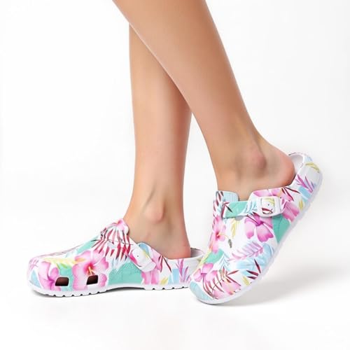 Image of Eliogn Women's Garden Clogs with Print, Waterproof Slip Resistant Work Clogs, Lightweight EVA Slip-On Mules, Cushioned Comfortable Shoes for Nurse, Chef, Kitchen, Beach