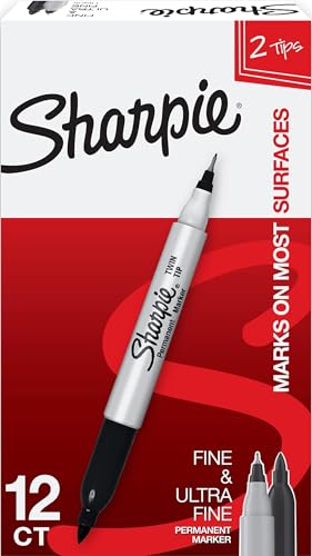 Sharpie Twin Tip Permanent Markers, Fine and Ultra Fine, Black, 12 Count