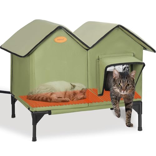 Heated Cat House for Outside in Winter Insulated Elevated Heated Outdoor Cat House Weatherproof, Escape Door, Large Feral Cat Shelter Kitty Bed for 2~3 Cats Stray Barn Kitty, Easy Assembly