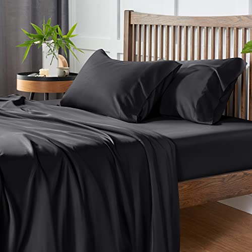 Image of CozyLux Cooling Sheets Queen Size, Rayon derived from Bamboo, Oeko-TEX Certified Luxuriously Soft & Cooling Silky Sheet Set - 16 inch Deep Pockets 4 Piece Bedding Sheets & Pillowcases，Black