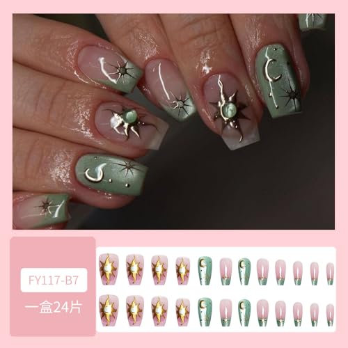Image of Green Nail Press ons Glitter Fake Nails Sun Moon False Nail with Gold Design Star Glue on Nails Reusable Glossy Full Cover Artificial Acrylic Short Square Stick on Nail for Women Manicure 24Pcs