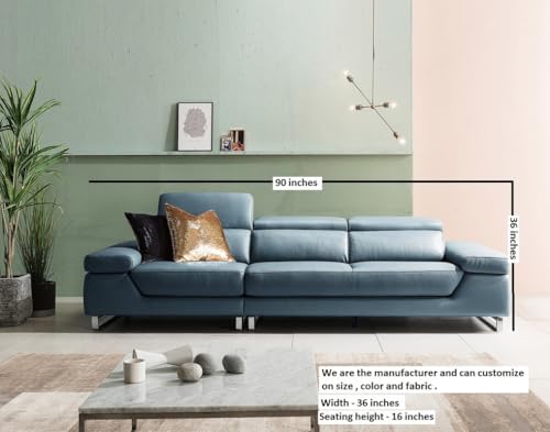 Image of Fabrique Cassa Leatherette 3 Seater Sofa Set Luxury Blue with Moveable Headrest | Stylish Home Office & Living Room Furniture | Lightweight Design with Durable Stainless Steel Legs