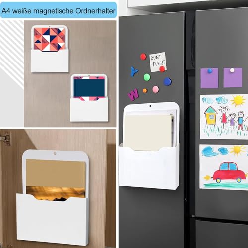 Magnetischer Aktenhalter, 2 Stücke weiß Kühlschrank Magnetfolder, Bürobedarf Aufbewahrung A4 Papiere Briefhalter, Mit Starkem Magneten, Geeignet für Büros, Kühlschränke, Klassenzimmer, Tafeln