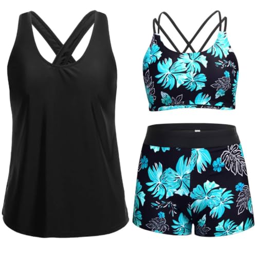 Image of Women's 3 Piece Tankini Swimsuit Tummy Control Bathing Suit with Boy Shorts