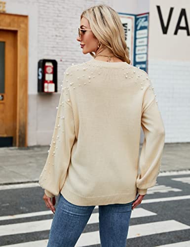 Image of Blooming Jelly Women's Chunky Sweater Crewneck Sweatshirt Knit Lantern Sleeve Oversized Pullover Sweater with Pearls