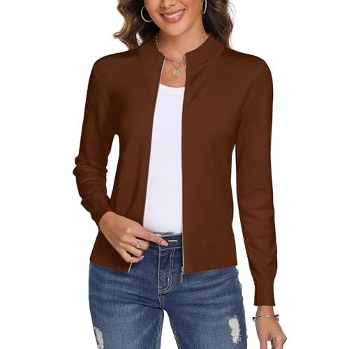Totatuit Womens Long Sleeve Knitted Zip Up Sweater Cardigans Sweaters Lightweight Zipper Sweatshirts Jacket Small Caramel