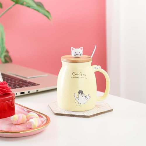 Image of Coffee Mug, Gift for Woman, Birthday Present for Girlfriend, Present for Wife Birthday, Mugs for Present, Holi Gifts, Panda Mug with Lid & Spoon (Yellow Good Time)