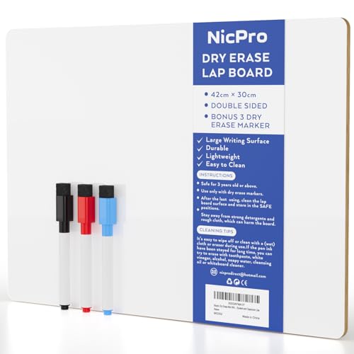 Nicpro Lavagna Cancellabile 42 x 30cm, A3 Piccola Lavagna Bianche Con 3 Pennarello Per Disegno, Scuola, Casa, Ufficio - Doppia Faccia Mini Lavagna
