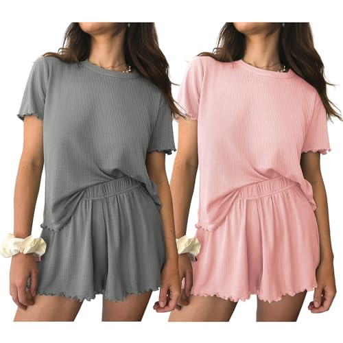 Image of Ekouaer 2 Packs Women Pajama Set Short Sleeve Sleepwear Soft Top and Shorts | Casual Pjs Outfits Ribbed Knit Lounge Set with Pockets