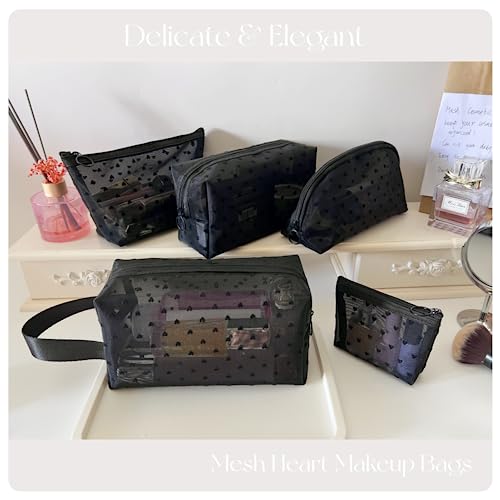 5 Pieces Zipper Mesh Cosmetic Bags Set, Mesh Heart Makeup Bags Toiletry Bags, Portable Travel Makeup Bags for Women, Small Items Storage Organizer Bags for Travelling (Black)3