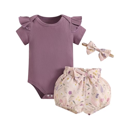 CIYCUIT Baby Girl Outfits – Summer Ruffle Ribbed Bodysuit Floral Print Shorts & Bow Headband – 3-Piece Infant Clothes Set
