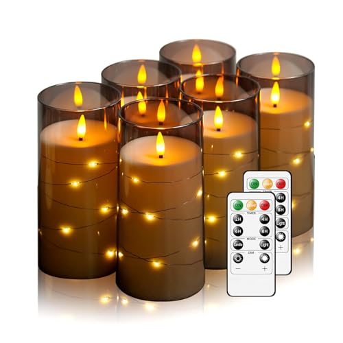 Image of Flickering Flameless Candles with Remote Timer, 6pcs LED Battery Operated Candles with Embedded String Lights Grey, Fall Halloween Candles Decor for Home, D3 H6