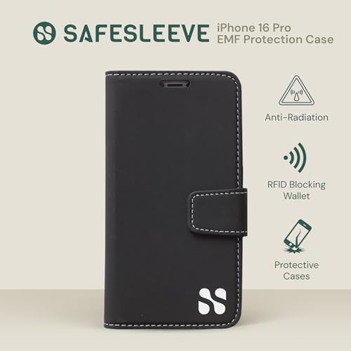 SafeSleeve EMF Protection Anti Radiation iPhone 16 Pro Case with Card Holder - RFID Blocker, Military-Grade Shielding, 3-Card Slots with Built-in Stand - Vegan Leather Case for Men & Women (Black)