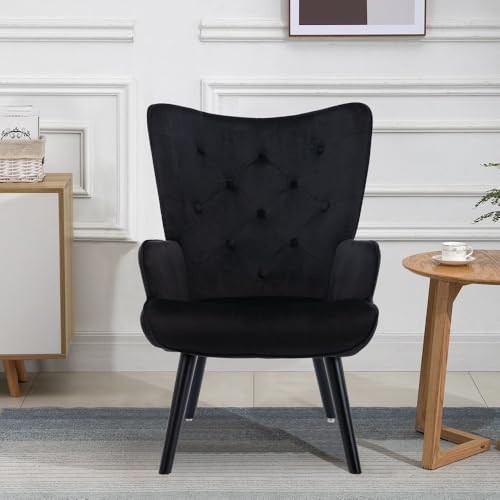 Image of Velvet Wingback Accent Chair for Living Room | Luxury High Back Tufted Armchair with Glossy Metal Legs | Modern Velvet Upholstered Lounge Chair for Home & Office | 1 Pc (Black)