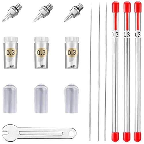 HUBEST 10Pcs Airbrush Replacement Parts Kit 0.3mm Needle & Nozzle Set with Silicone Protective Covers Stainless Steel Spray Gun Maintenance Repair Tool for Most Standard Airbrush Spray Guns