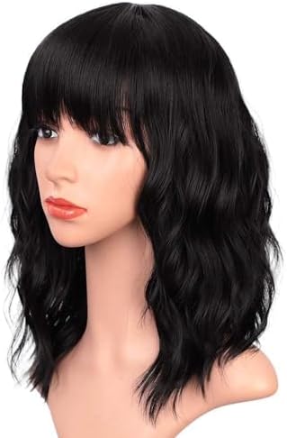 ENTRANCED STYLES Black Wigs with Bangs for Women 14 Inches Synthetic Curly Bob Wig for Girl Natural Looking Wavy Wigs …