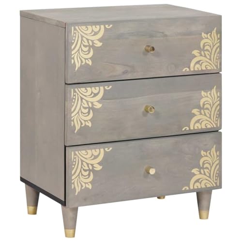 Favemtsl Table de chevet grise 50 x 33 x 62 cm en bois massif de mangue, avec 3 tiroirs et porte, design moderne et détails en laiton, table de lit robuste,...