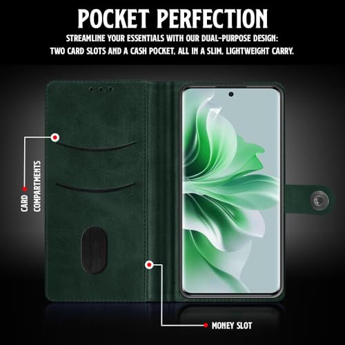 Image of WOW IMAGINE Shock Proof Flip Cover Back Case for Oppo Reno 11 Pro 5G (Magnetic Button Flip Case | Wallet Pockets & Stand | Leather Finish | Forest Green)