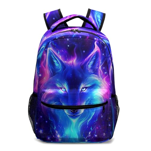 Kwlegh Wolf Galaxy Backpack for Boys Girls Cool Starry Sky Wolf Kids Bookbag Blue Purple Animal Print School Bag Lightweight Students Back Pack for Preschool Elementary Kindergarten