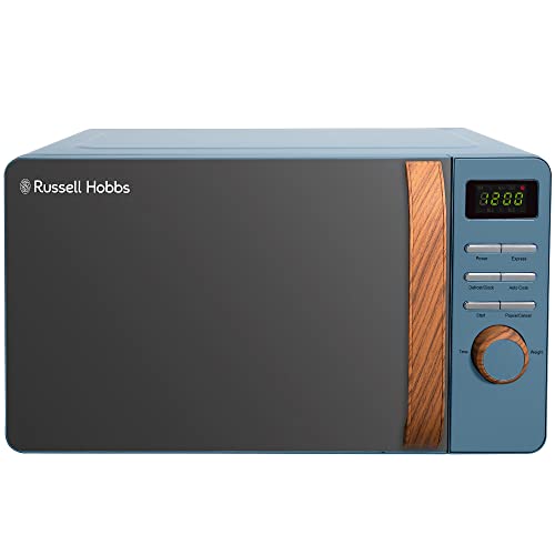 Russell Hobbs RHMD714BL 17 L 700 W Scandi Blue Digital Microwave with 5 Power Levels, Wood Effect Handle and Dials, Clock and Timer, Automatic Defrost, Easy Clean, 8 Auto Cook Menus [Energy Class D]