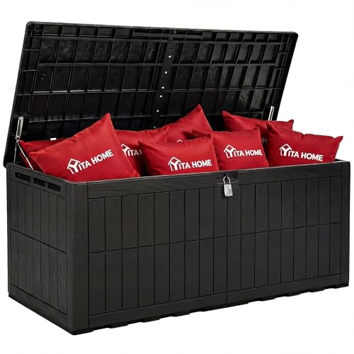 YITAHOME 240 Gallon Large Outdoor Storage Box XXL Resin Deck Box with Lock Extra-Large Waterproof Patio Furniture Bin and 3-Person Bench Seating for Garden Tools & Pool Accessories Black