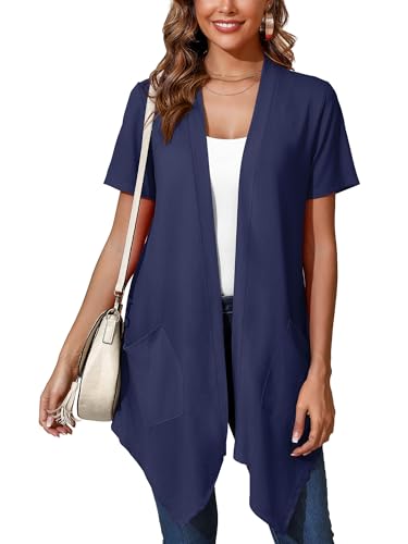 Image of Women's Lightweight Open Front Cardigans Short Sleeve Casual Soft Sheer Cardigan S-2XL with Pockets