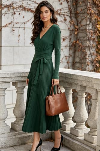 Image of RanRui Womens Winter Fall Pleated Knitted Fit and Flare Long Sleeve Sweater Dress
