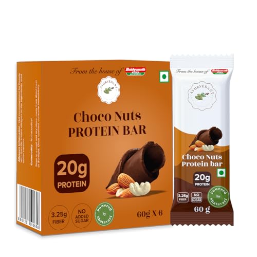 Image of Ayurvedant Choco Nuts Protein Bar, 20g Protein, No Added Sugar, 60g x 6 Pack|From The House Of Baidyanath