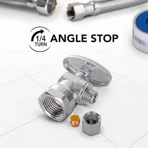 Image of Midline Valve 81112QS-OM-5 Water Supply Stop Valve with Quarter Turn Wheel; Angle Shut-off for Toilet, Sink, Dishwasher; 1 /2'' FIP x 3 /8'' Compression; Chrome Plated Brass (5 PK)