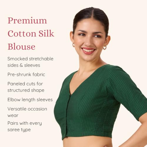 Image of Studio Shringaar Women Cotton Half Sleeve Madras Checks Saree Blouse with Stretchable Sides