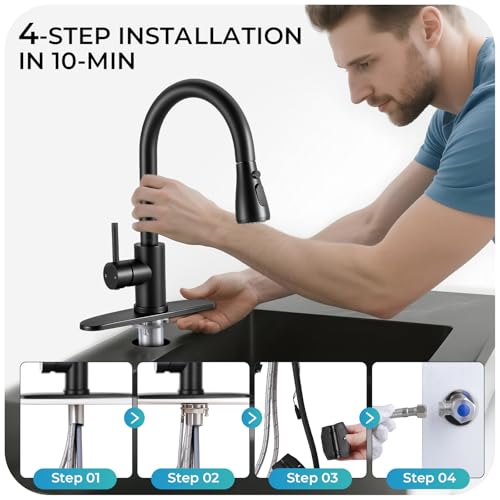 Image of Matte Black Kitchen Faucet with Pull Down Sprayer and Deck Plate | SUS 304 Stainless Steel, Single Handle, 3 Spray Modes, 360 Swivel Spout, RV Laundry Bar Sink, Deck Plate, NSF372 NSF61 cUPC