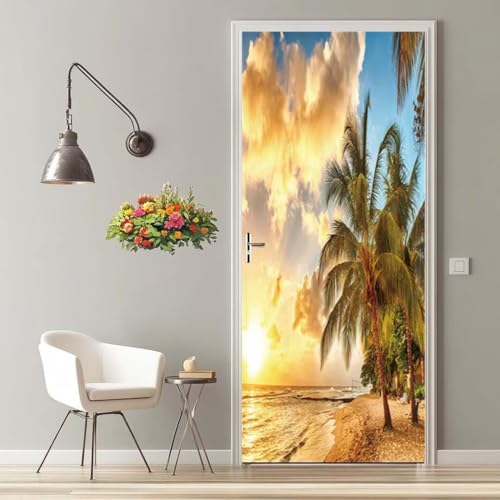 3D Mar Oro Vinilo para Puertas Autoadhesivo Impermeable Etiqueta de la Puerta Pegatina Mural Extraíble para Puertas Interiores para Cocina Sala de Baño Decorativos Regalo 90X200 cm -MT2351