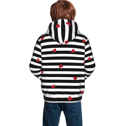 Black White Stripes Red Hearts Boy, Girls Sports Shirt Youth Pullover Fashion Hooded Sweatshirt2