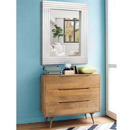HLFMVWE Large Rustic Wall Mirror, Rectangular Vintage Wood Framed Large Mirror Deco Farmhouse Living Room Bathroom Bedroom Entrance Mirror White 45x65cm - Image 4