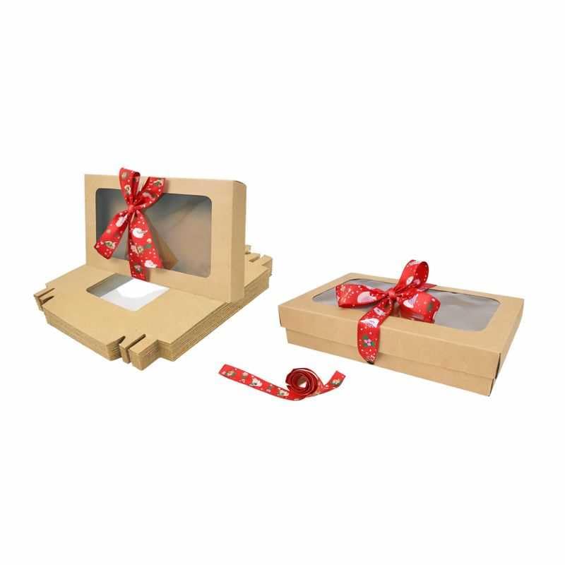 Emartbuy Pack of 96 Brown Gift Boxes with Clear Window Lid & Red Hat Satin Ribbon - Large Wide 29.5 x 22 x 4.5 cm - Recyclable Kraft Presentation Box for Hampers, Treats, Weddings & Favours