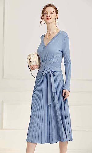 Image of Women's Long Sleeve Sweater Dress Ankle Length Fall Dress Vneck Knit Winter Dress