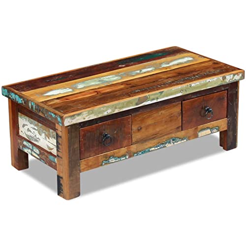 Brokky Mesa de Centro con cajones Madera Mesa de Centro Mesa Auxiliar Sofa Mesa Centro Salon Mesa de Salon Maciza reciclada 90x45x35 cm