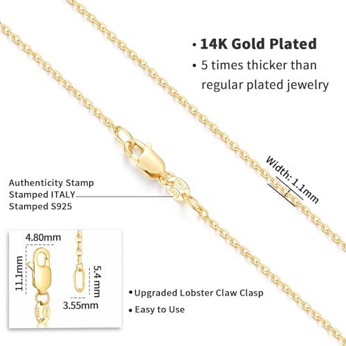 Jewlpire Italian 14K Real Gold Over 925 Sterling Silver Chain Necklace for Women, 1.1mm 1.3mm Cable Chain Necklace Hypoallergenic & Comfortable Women's Chain Necklaces 14 16 18 20 22 24 26 Inch4