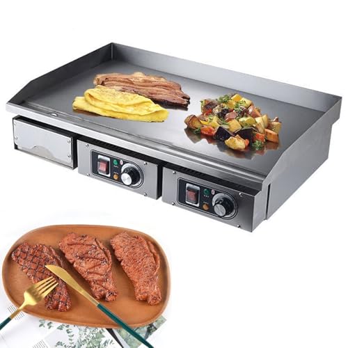 Electric Griddle Commercial, Stainless Steel Countertop BBQ Hot Plate, Large Flat Hotplate for Cooking, Adjustable Thermostat, Removable Oil Drawer, Burger, Bacon, and Egg Fryer