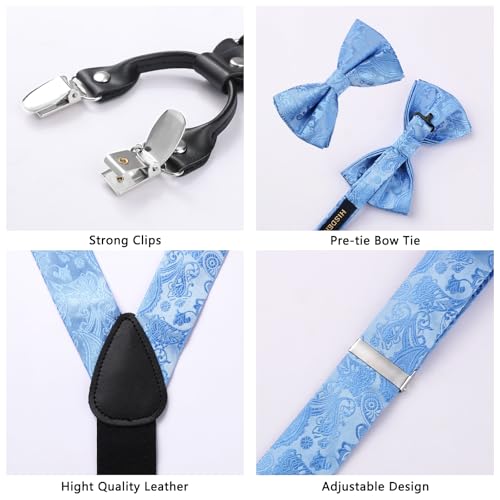 Image of HISDERN Suspenders for Men Paisley Floral Bow tie Suspender Pocket Square Sets Adjustable Y Shape 6 Clips Wedding Braces