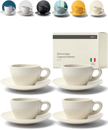 KIVY Cappuccino Tassen Barista Set [4x 240ml] - Steingut Tassen mit Untertassen - Handgefertigt - Spülmaschinenfest