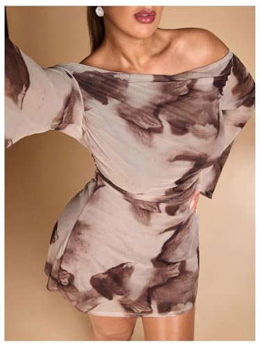 Women's Plus Size Off Shoulder Tie Dye Mini Dress Flared Sleeve Ruched Bodycon Dress3